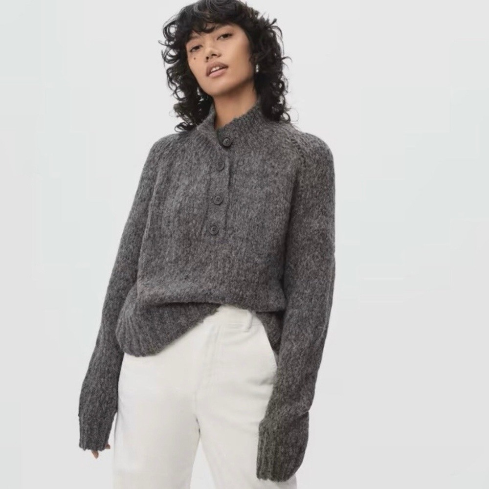 Everlane | Lofty Knit Henley Sweater Grey Alpaca Merino Wool Size L